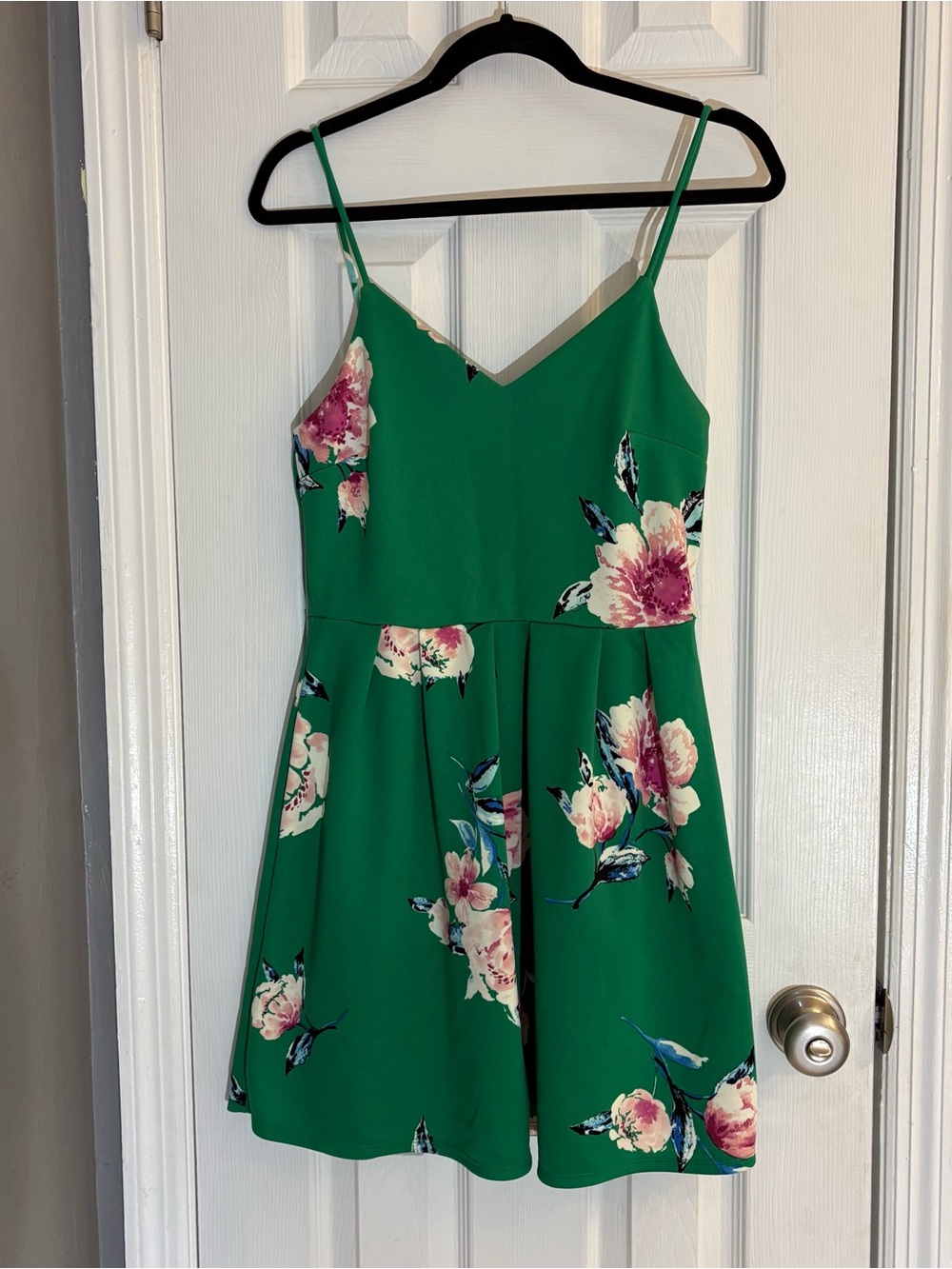 Monteau Y2K Green Floral A-Line Mini Dress Women's Size Large V-Neck Pleated. - Picture 1 of 7
